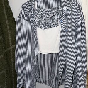 Striped Button-Up Shirt with White Tank Layered Look